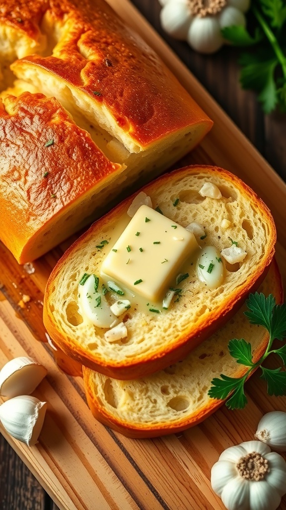 Sliced homemade garlic bread topped with garlic and parsley, on a wooden board with garlic cloves.